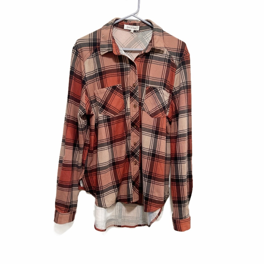 Eden & Olivia Checkered Button Down Shirt - Orange, black and tan